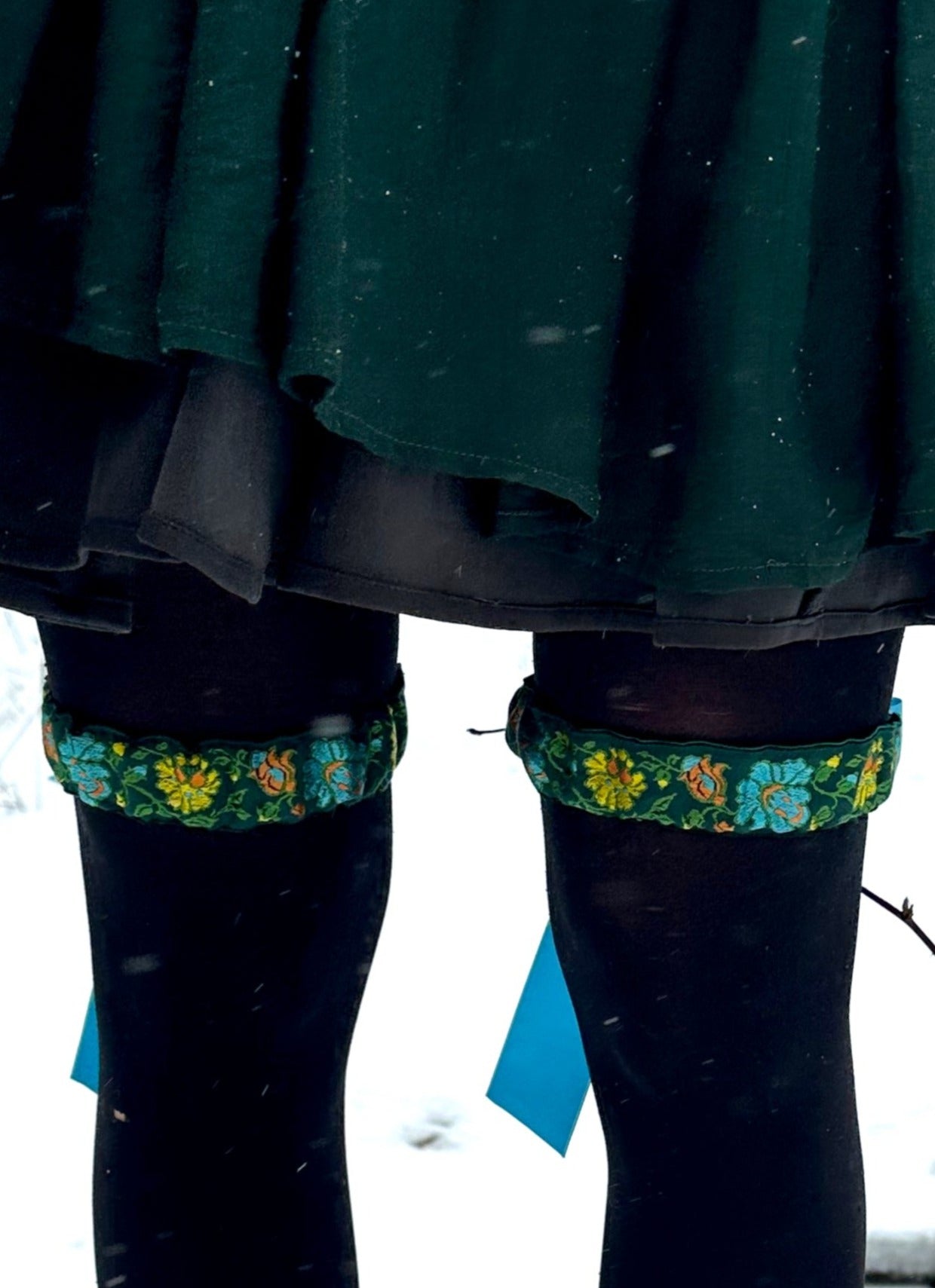 Green Floral with Peacock Blue Bow