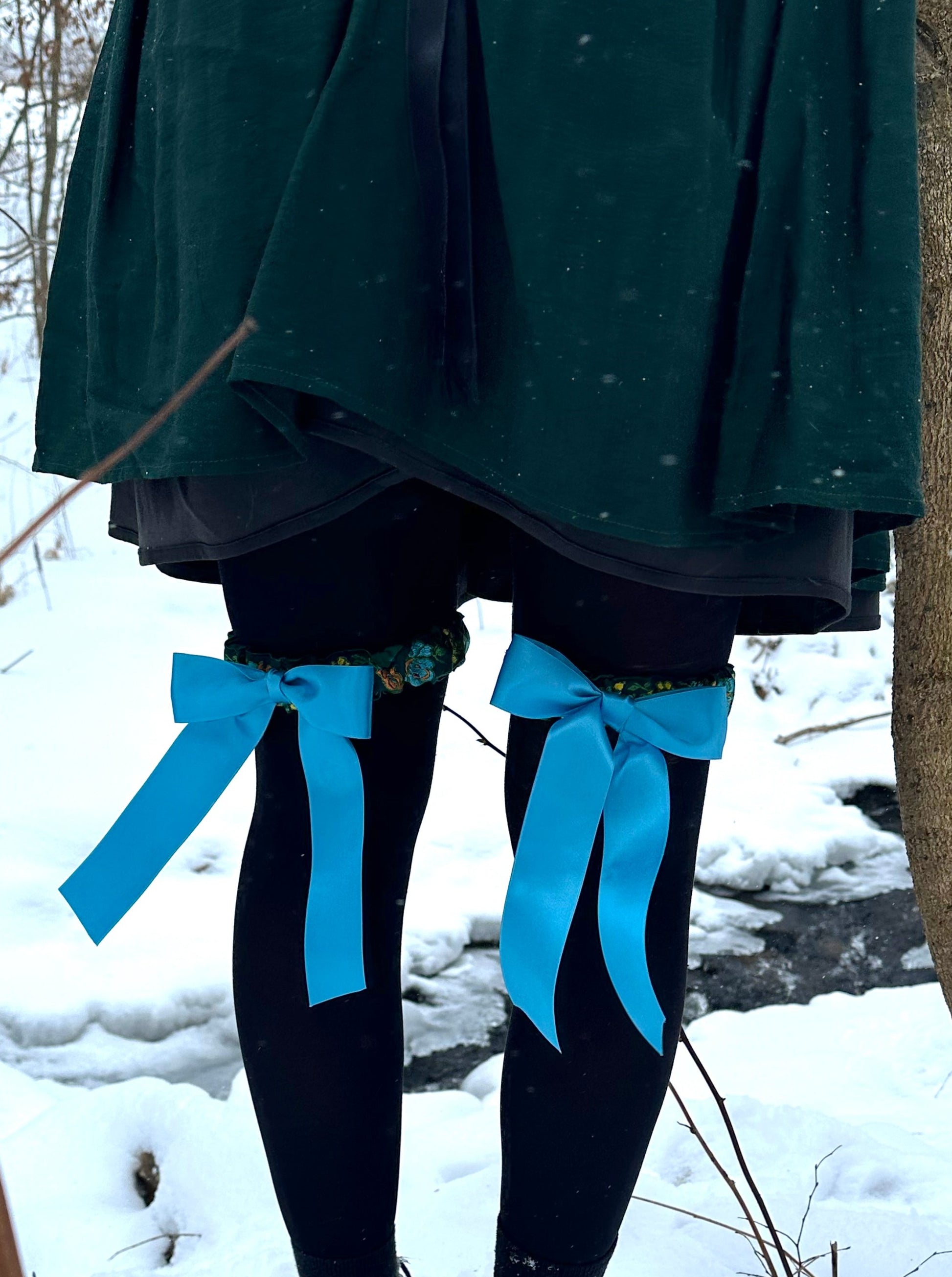 Green Floral with Peacock Blue Bow